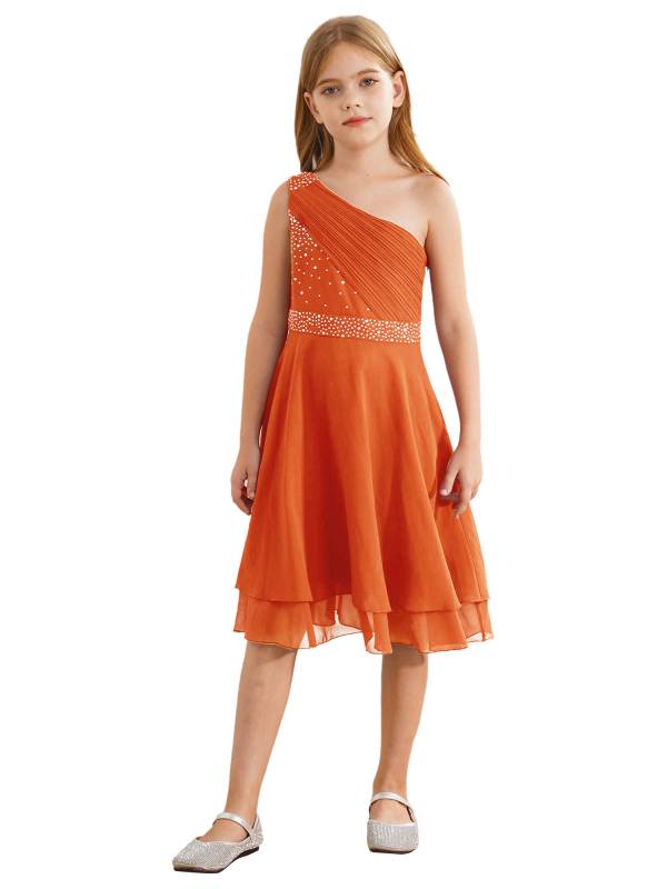 Kids Girls A-line Rhinestone One Shoulder Sleeveless Chiffon Flower Girl Dress thumb