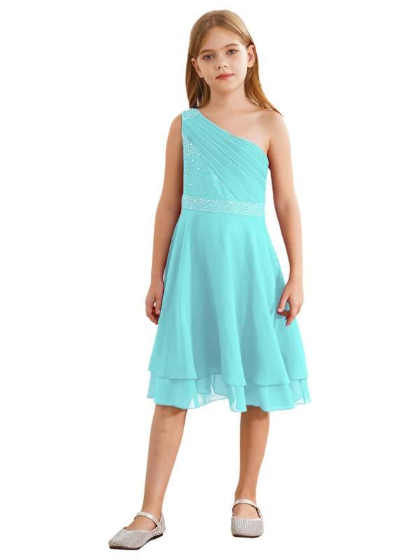 Kids Girls A-line Rhinestone One Shoulder Sleeveless Chiffon Flower Girl Dress thumb