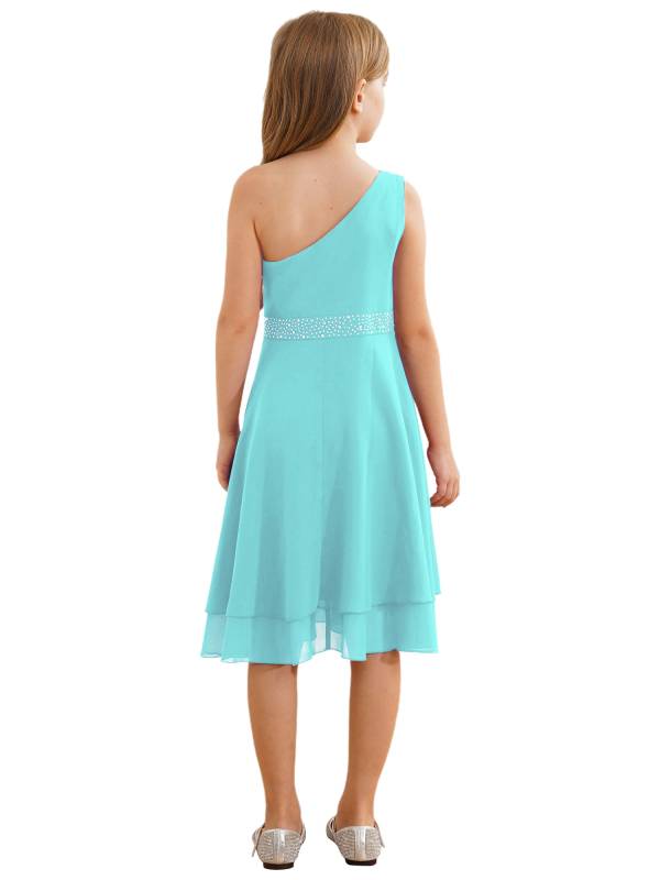 Kids Girls A-line Rhinestone One Shoulder Sleeveless Chiffon Flower Girl Dress thumb