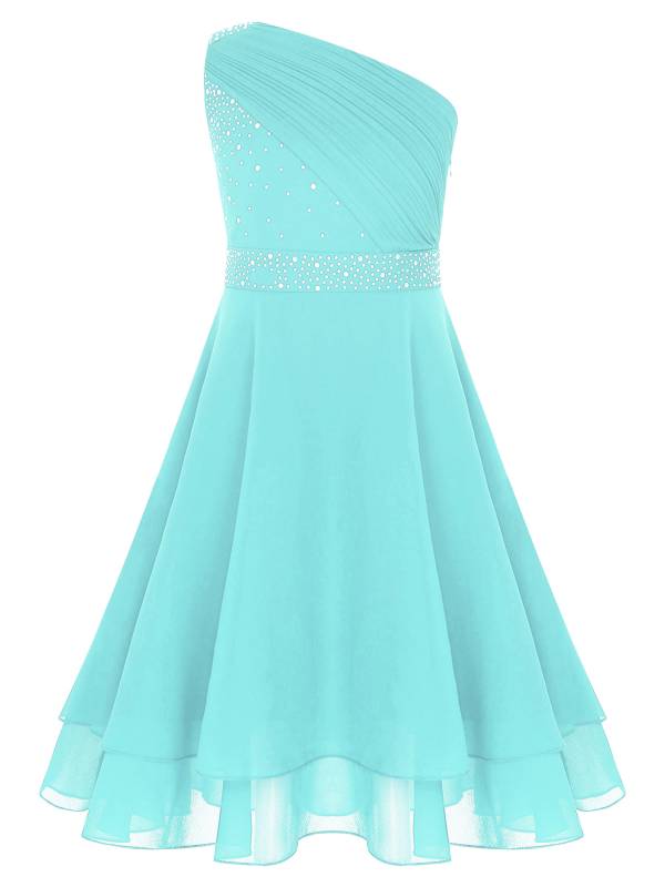 Kids Girls A-line Rhinestone One Shoulder Sleeveless Chiffon Flower Girl Dress thumb