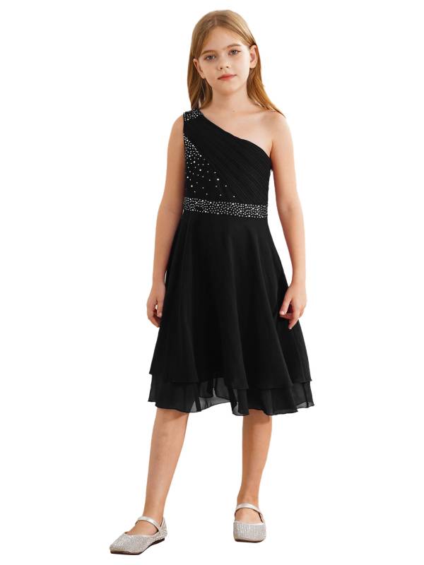 Kids Girls A-line Rhinestone One Shoulder Sleeveless Chiffon Flower Girl Dress thumb