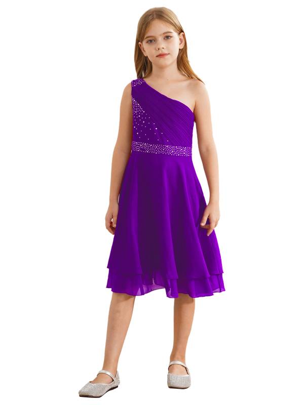 Kids Girls A-line Rhinestone One Shoulder Sleeveless Chiffon Flower Girl Dress thumb