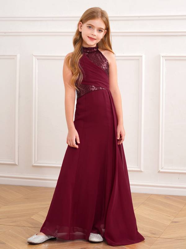 Kids Girls Halter Neck Sleeveless Sequins Maxi Dress for Wedding thumb