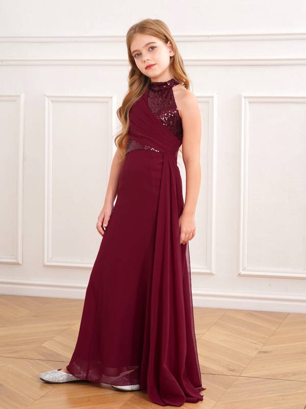 Kids Girls Halter Neck Sleeveless Sequins Maxi Dress for Wedding thumb