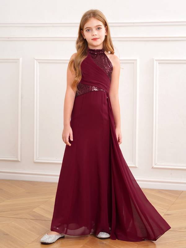 Kids Girls Halter Neck Sleeveless Sequins Maxi Dress for Wedding thumb