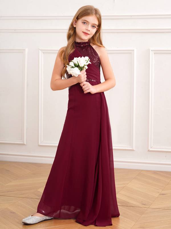 Kids Girls Halter Neck Sleeveless Sequins Maxi Dress for Wedding thumb