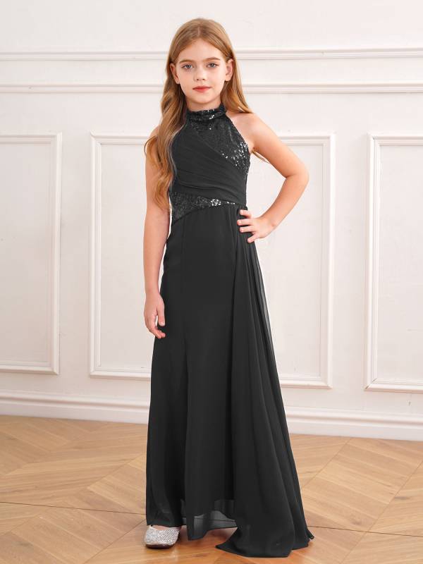 Kids Girls Halter Neck Sleeveless Sequins Maxi Dress for Wedding thumb