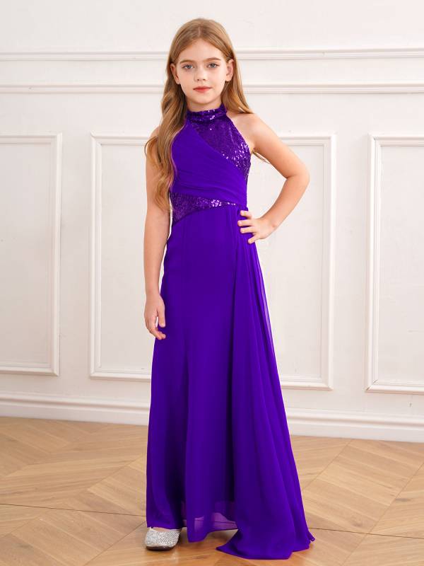 Kids Girls Halter Neck Sleeveless Sequins Maxi Dress for Wedding thumb