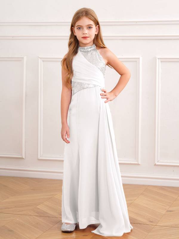 Kids Girls Halter Neck Sleeveless Sequins Maxi Dress for Wedding thumb