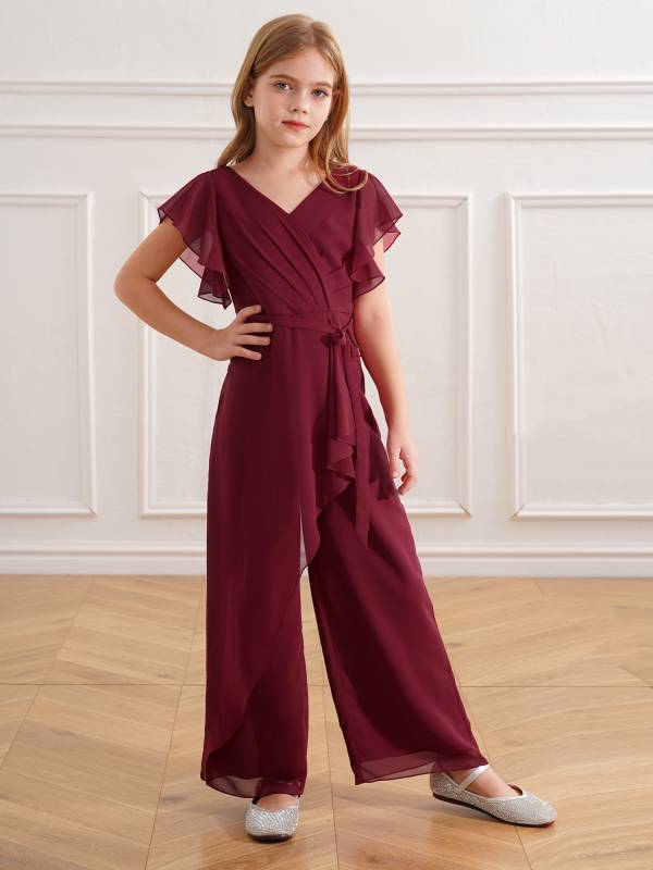 Kids Girls V Neck Chiffon Short Sleeve Empire Waist Party Jumpsuit thumb