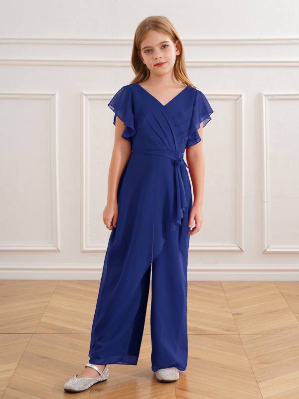 Kids Girls V Neck Chiffon Short Sleeve Empire Waist Party Jumpsuit thumb