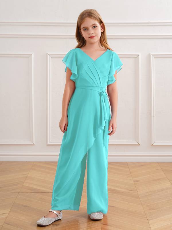 Kids Girls V Neck Chiffon Short Sleeve Empire Waist Party Jumpsuit thumb