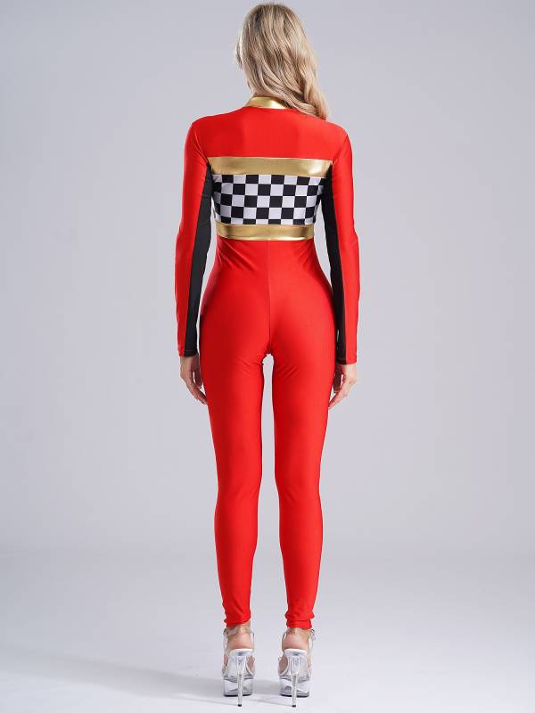 Women Long Sleeve Front Zipper Checkerboard Print Racer Driver Jumpsuit thumb