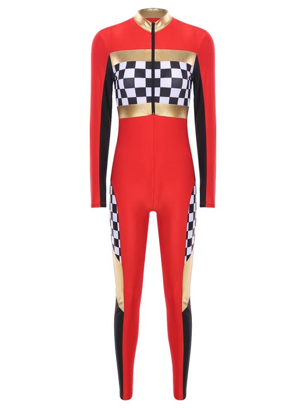 Women Long Sleeve Front Zipper Checkerboard Print Racer Driver Jumpsuit thumb