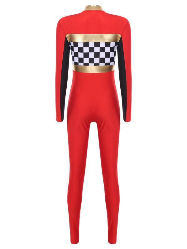 Women Long Sleeve Front Zipper Checkerboard Print Racer Driver Jumpsuit thumb