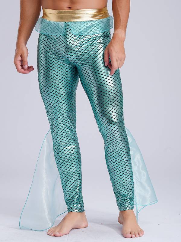 Men Mermaid Aquaman Costume Metallic Shiny Fishscale Print Pants thumb