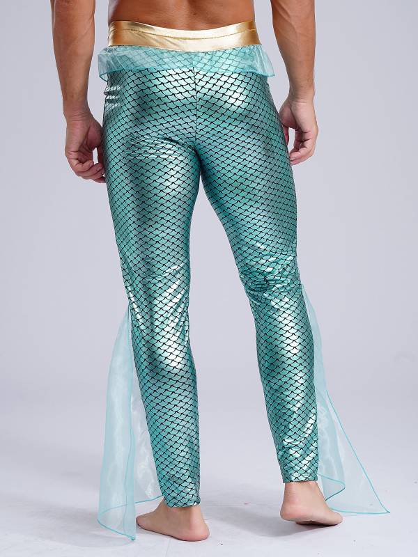 Men Mermaid Aquaman Costume Metallic Shiny Fishscale Print Pants thumb