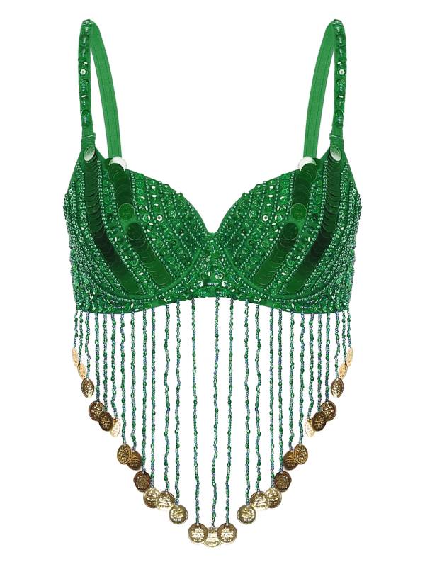 Women Straps Sequins Plastic Beaded Tassels Belly Dance Underwired Bra Top thumb