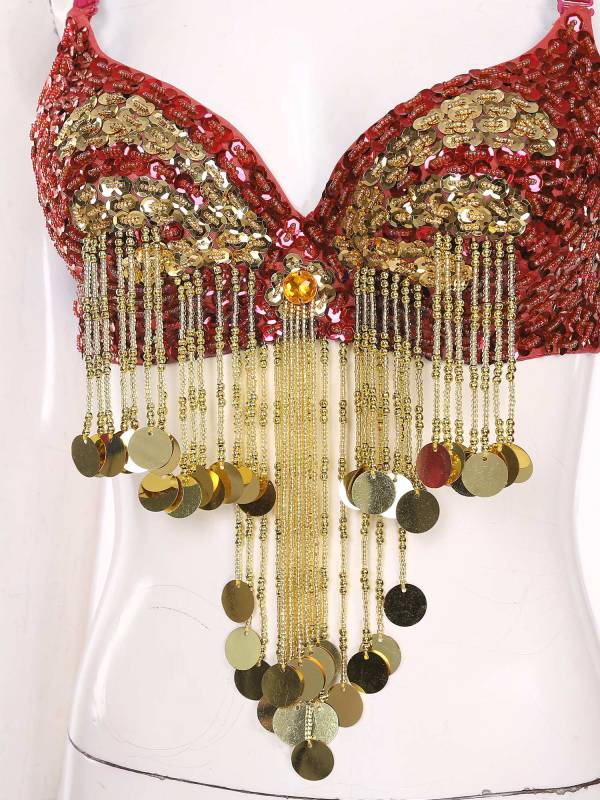 Women Beaded Tassels Straps Sequins Underwired Belly Dance Bra Top thumb