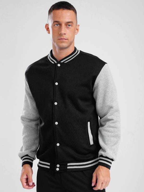 Men Long Sleeve Colorblock Front Button Baseball Jacket thumb