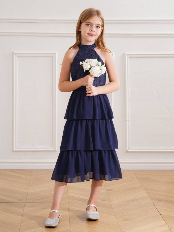 Kids Girls Halter Sleeveless Floral Lace Tiered Ruffles Flower Girls Dress thumb