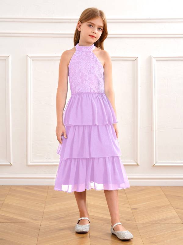 Kids Girls Halter Sleeveless Floral Lace Tiered Ruffles Flower Girls Dress thumb