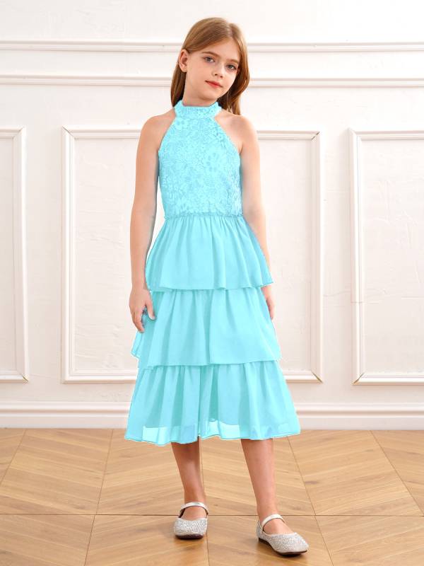 Kids Girls Halter Sleeveless Floral Lace Tiered Ruffles Flower Girls Dress thumb