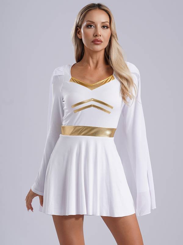 Women V Neck Long Sleeve Metallic Trim Chiffon Cape Greek Goddess Dress thumb