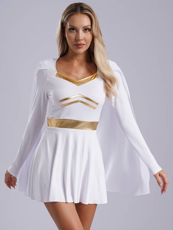 Women V Neck Long Sleeve Metallic Trim Chiffon Cape Greek Goddess Dress thumb