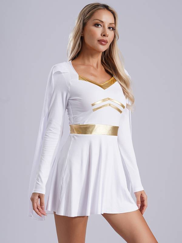 Women V Neck Long Sleeve Metallic Trim Chiffon Cape Greek Goddess Dress thumb