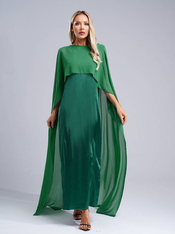 Women Long Robe Round Neck Satin Party Dress with Chiffon Cape thumb