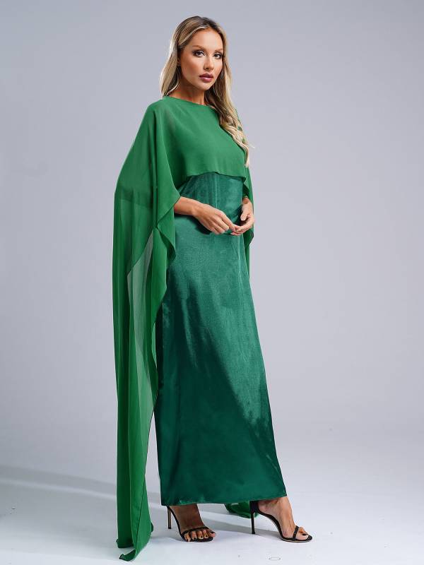 Women Long Robe Round Neck Satin Party Dress with Chiffon Cape thumb