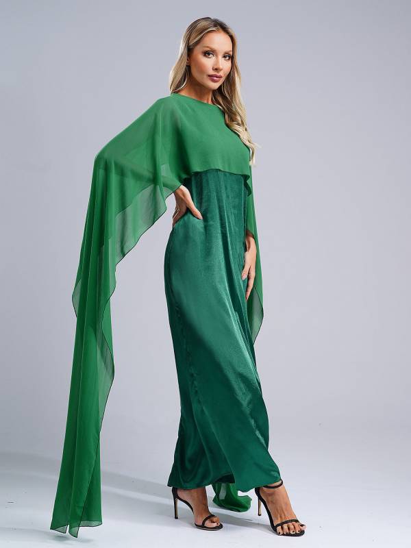 Women Long Robe Round Neck Satin Party Dress with Chiffon Cape thumb