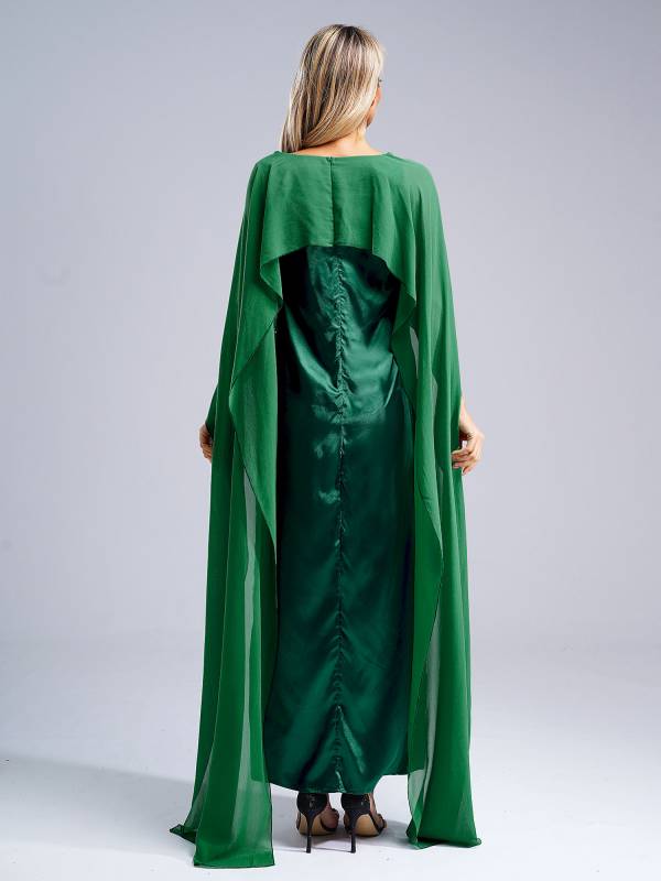 Women Long Robe Round Neck Satin Party Dress with Chiffon Cape thumb