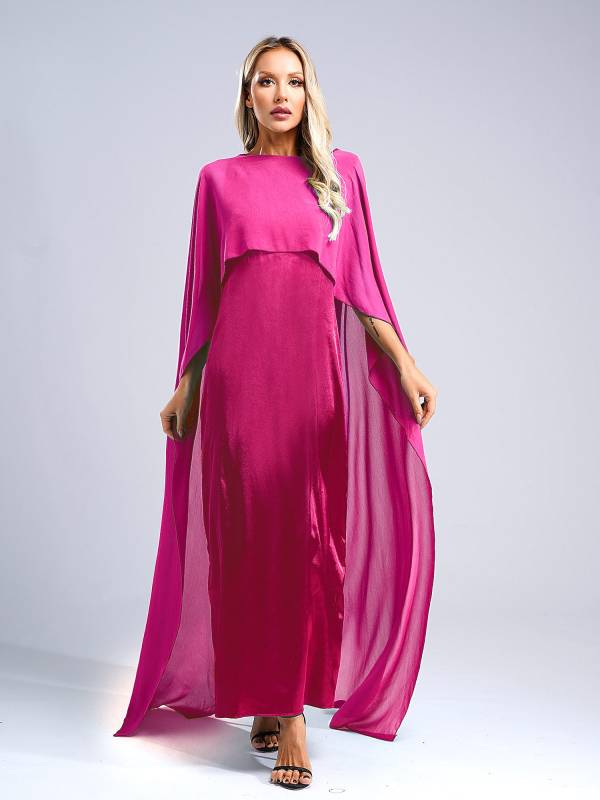 Women Long Robe Round Neck Satin Party Dress with Chiffon Cape thumb