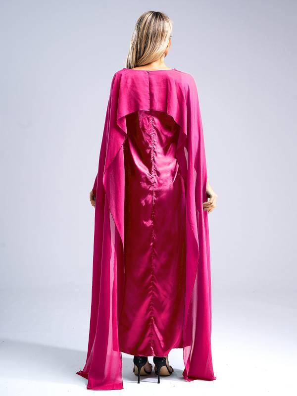 Women Long Robe Round Neck Satin Party Dress with Chiffon Cape thumb