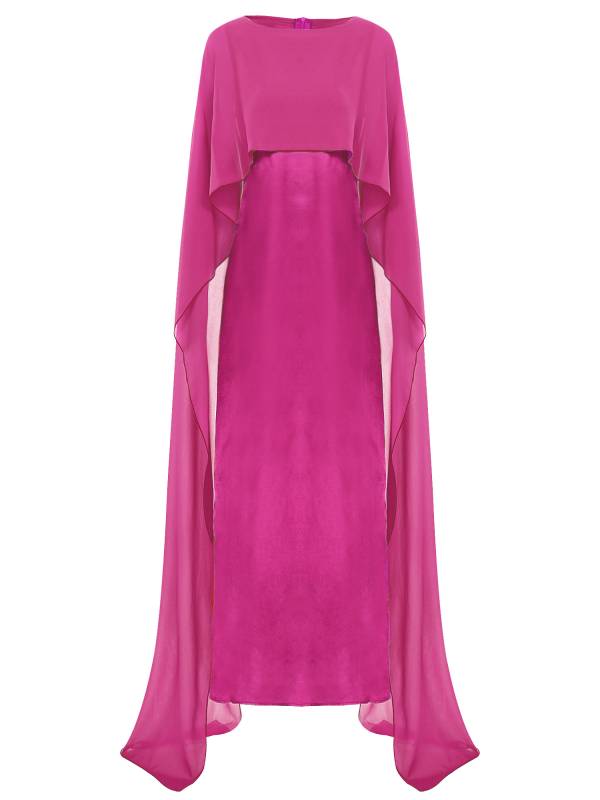 Women Long Robe Round Neck Satin Party Dress with Chiffon Cape thumb