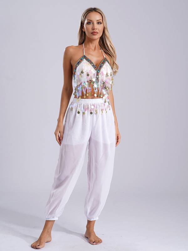 Women 2pcs Sequins Tassel Padded Crop Top and Pants Belly Dance Outfit thumb