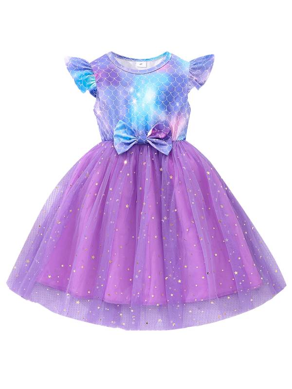 Toddler Girls Round Neck Flutter Sleeve Bowknot Tulle Mermaid Dress thumb