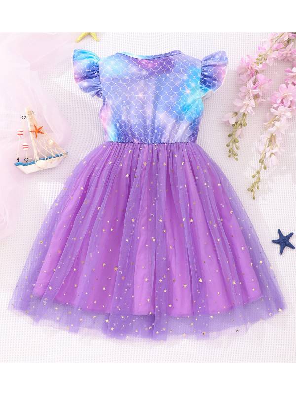 Toddler Girls Round Neck Flutter Sleeve Bowknot Tulle Mermaid Dress thumb