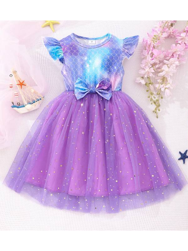 Toddler Girls Round Neck Flutter Sleeve Bowknot Tulle Mermaid Dress thumb