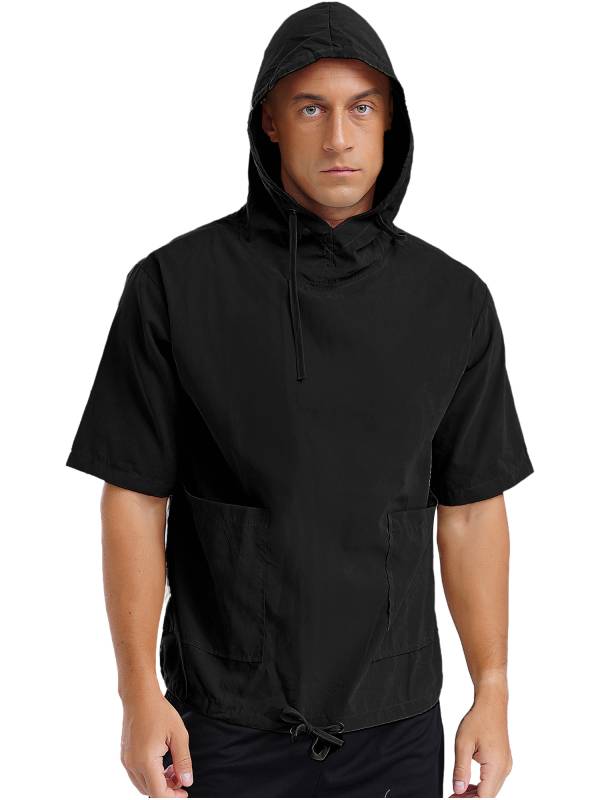 Men Half Sleeve Solid Color Drawstring Pullover Sports Hoodie thumb