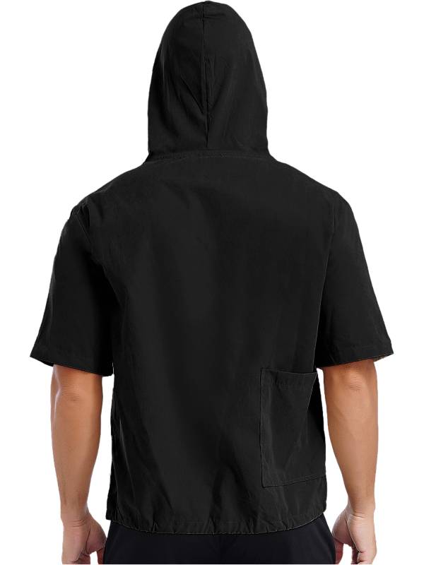 Men Half Sleeve Solid Color Drawstring Pullover Sports Hoodie thumb