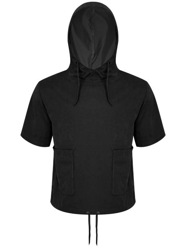 Men Half Sleeve Solid Color Drawstring Pullover Sports Hoodie thumb