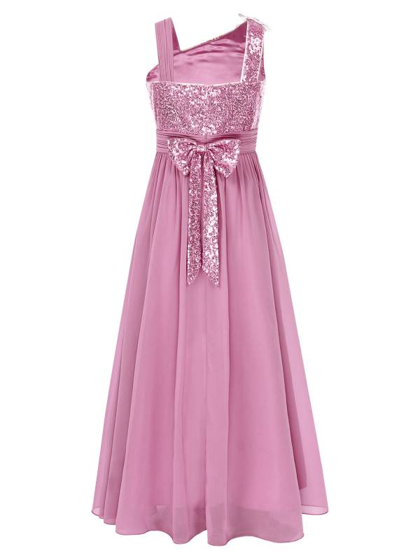 Girls Sleeveless Sequins Butterfly Bowknot A Line Junior Bridesmaid Dress thumb