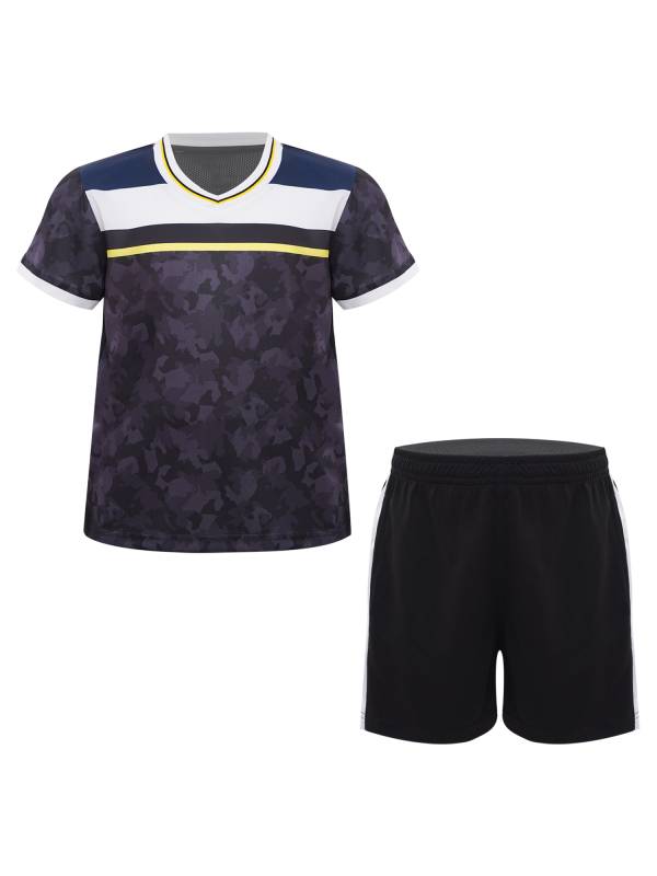 Kids Boys V-neck Short Sleeve Jersey T-shirt and Shorts Football Sports Set thumb