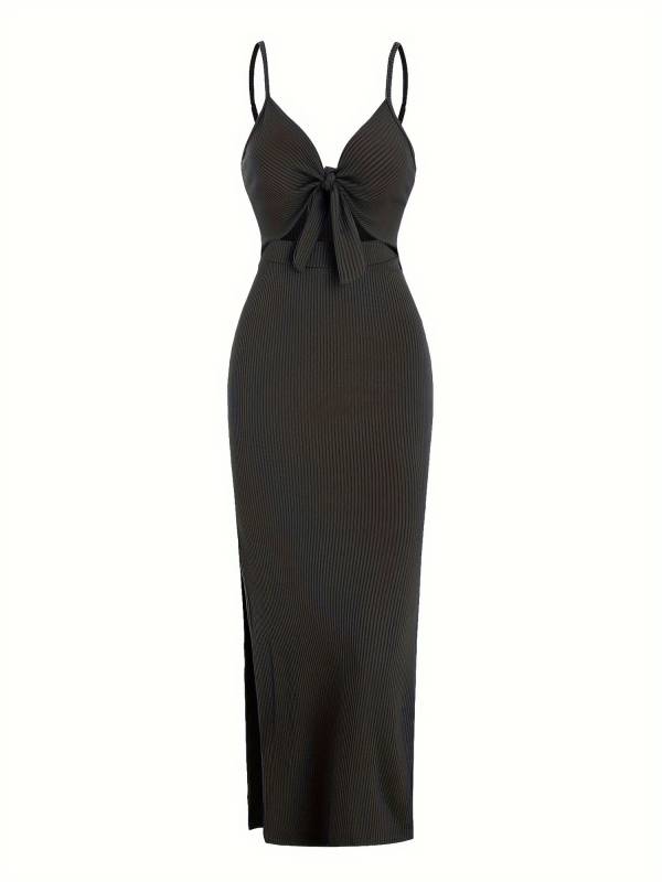 Women V Neck Backless Side Slit Maxi Bodycon Dress for Beach Vacation thumb