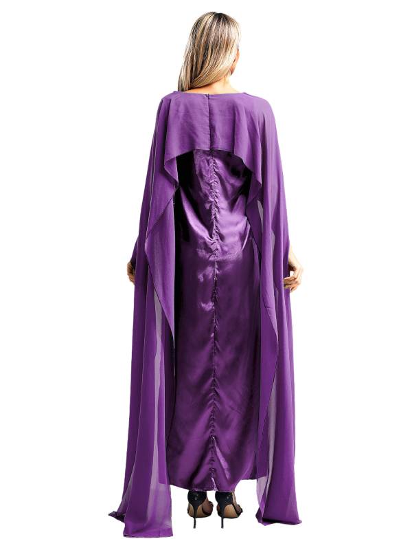 Women Long Robe Round Neck Satin Party Dress with Chiffon Cape thumb