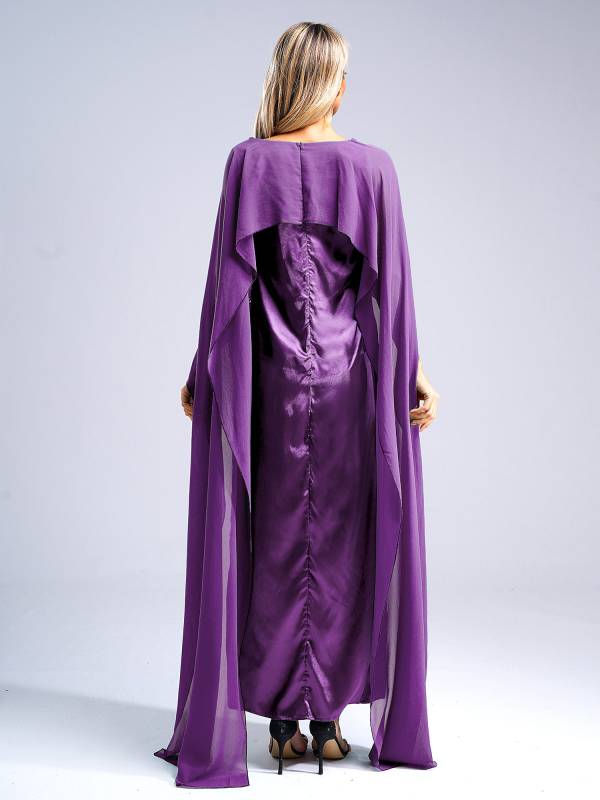 Women Long Robe Round Neck Satin Party Dress with Chiffon Cape thumb