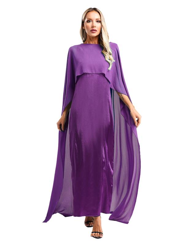 Women Long Robe Round Neck Satin Party Dress with Chiffon Cape thumb